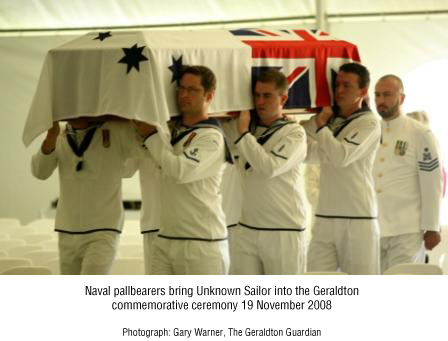Naval pallbearers bring Unknown Sailor into the Geraldton commemorative ceremony 19 November 2008.