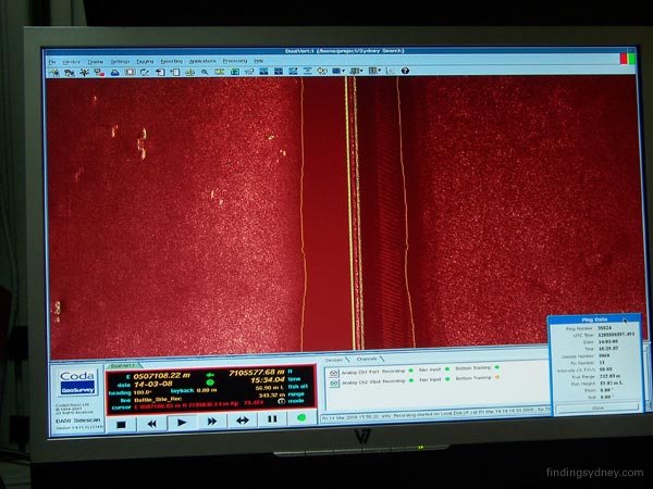 Sonar image of the concentrated debris field caused by the detonation of Kormoran's mines.