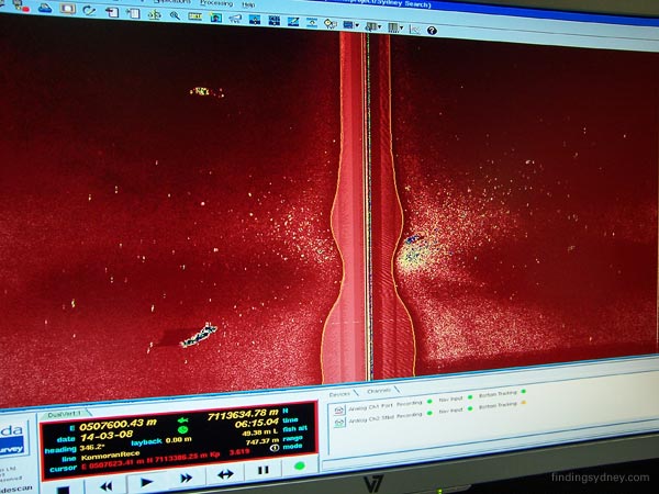 High resolution sonar image of the Kormoran debris field covering a 3,000 metre width.