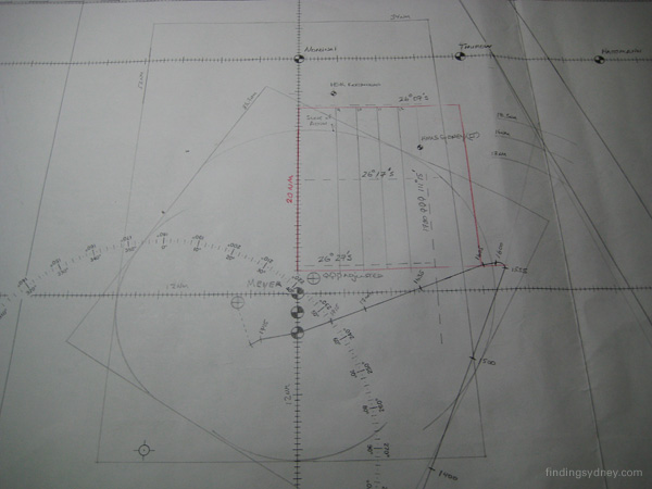 A navigational chart showing the large Kormoran search box and the smaller Sydney search box marked in red pencil.