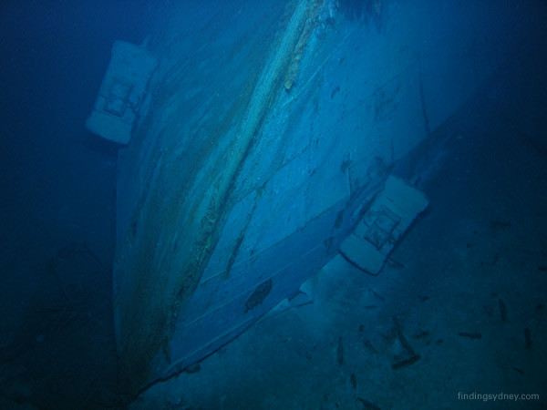 Sydney’s inverted bow lying on the sea floor.