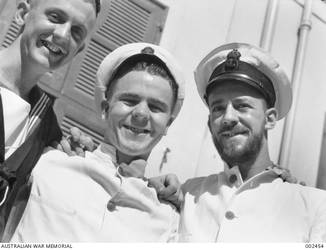 HMAS Sydney liberty men at the Fleet Club, Able Seaman (AB) Edmund Sturgeon Rolfe, Leading Stewards 21317 Walter Edward Bettinson and R. Edwards. AB Rolfe and Leading Steward Bettinson were killed in action when HMAS Sydney was sunk by the Kormoran, with the loss of all hands on 20 November 1941.