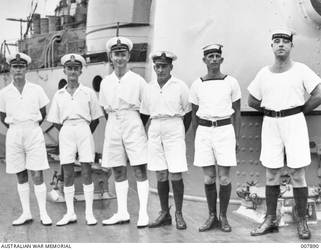 Sailors from HMAS Sydney (II) who were awarded the Distinguished Service Medal for gallantry during the action with the Italian cruiser Bartolomeo Colleoni, off Cape Spada on 19 July 1940. Left to right: 10745 Chief Petty Officer (later Gunner) Alfred Percival Prior; 15018 Chief Petty Officer Stanley George Silk (KIA 20 November 1941); 19440 Chief Ordnance Artificer Walter John Keane (KIA 20 November 1941); 13814 Chief Stoker Joseph Ernest Beaumont; 19251 Able Seaman Geoffrey Rosevear (KIA 20 November 1941); and 16069 Stoker Eric Charles Evans.