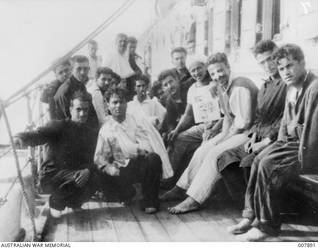 Survivors from the Italian cruiser, Bartolomeo Colleoni, on the deck of Syndey