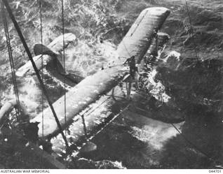 SUPERMARINE WALRUS AMPHIBIAN AIRCRAFT DRAWING ALONGSIDE HMAS SYDNEY(II). CREW MEMBER HAS CLIMBED ONTO ENGINE COWLING READY TO ATTACH LINE SO THAT THE AIRCRAFT CAN BE LIFTED ABOARD BY THE SHIP'S CRANE. C. 1941 (DONATED BY T. HUNT)