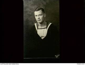 Studio portrait of Petty Officer George Gillick Scott RAN who served aboard HMAS Sydney II. Scott was the personal coxswain of Sir John Collins who commanded the Sydney from 16 November 1939 until 15 April 1941. Scott was lost in action when the Sydney was sunk on 20 November 1941 during a battle with the German cruiser Kormoran off Carnarvon, WA. All 645 personnel on board HMAS Sydney were lost. (Original print held in AWM- Archive Store).