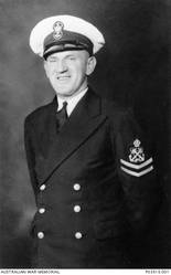 Studio portrait of 11064 Petty Officer (PO) Cook (s), John Stanley Davey RAN, of St Kilda, Vic, son of Maria Aubrey and George Davey. PO Davey served on HMAS Sydney and was killed in action when the ship was lost with all hands on 19 November 1941 after its engagement with the Kormoran in the Indian Ocean. PO Davey joined the Royal Australian Navy on 6 January 1919 serving on HMAS Sydney I, HMAS Australia, HMAS Melbourne and HMAS Brisbane as well as a number of shore establishments. From 9 January 1928 he served as a member of Royal Australian Fleet Reserve (RAFR), before being recalled for duty on 31 August 1939 to HMAS Cerberus. On 10 March 1941 he joined HMAS Sydney II serving on this ship until his death.