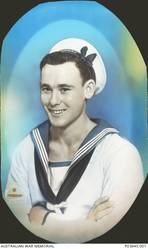 Portrait of 21905 Able Seaman Rex Cooper of Randwick, NSW. Enlisting in the navy for twelve years in 1928, Cooper spent his entire service on board HMAS Sydney (II) as a Seaman Torpedoman. He was one of the 645 crew who were killed during the HMAS Sydney's engagement with the German auxiliary cruiser HSK Kormoran on 19 November 1941. This photograph is an enlargement of a small studio portrait sent by Cooper to his mother, with an inscription "To Dear Mother, Love from x Rex x", which is also held in the Memorial's collection.
