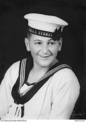 Studio portrait of 23464 Able Seaman (AB) Martin Curtis James, of Newcastle, NSW. A despatch clerk prior to enlistment, AB James was killed in action, aged 19, when HMAS Sydney II was sunk on 20 November 1941 in the Indian Ocean, off the coast of Western Australia, by the German auxiliary cruiser Kormoran.