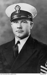 Studio portrait of 16687 Petty Officer (PO) Bernard Frank Biram, of Coogee, NSW. A career sailor who had enlisted in the RAN in June 1925, PO Biram was a cook on aboard HMAS Sydney II when she was sunk by the German auxiliary cruiser Kormoran off the coast of Western Australia on 20 November 1941. He was aged 35 years.