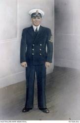 Hand coloured studio portrait of 19953 Petty Officer (PO) Frederick Philip Keith Bundy of Mosman, NSW. A career sailor who had enlisted in the RAN in April 1935, PO Bundy was killed on board HMAS Sydney II when it was sunk by the German auxiliary cruiser Kormoran on 20 November 1941.