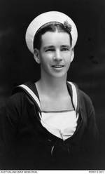 Studio portrait of 23289 Stoker (Sto) Francis Bernard Keenan, HMAS Sydney. An engineer from Carlisle, WA, Sto Keenan enlisted in the RAN on 9 June 1939. He was was killed in action, aged 25, when HMAS Sydney II was sunk in the Indian Ocean by the German auxiliary cruiser Kormoran on 20 November 1941.