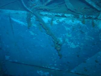 Ship's port side in vicinty of boat space. Note Camouglage