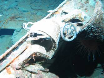 Wreckage on seabed near forward part of ship showing valve wheel