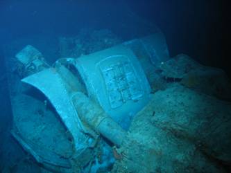 Fore deck folded back over barrels of A turret
