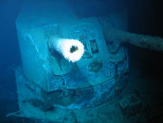 B turret showing hit beneath sighting port an on barbette