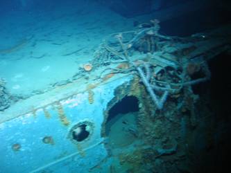 Shell hits on port side of ship in vicinity of galley