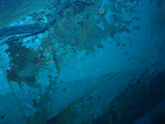 Close-up of shell hit on stb side of ship
