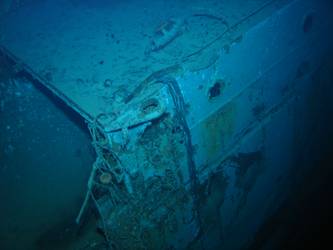 Close-up of shell hit on stb side of ship
