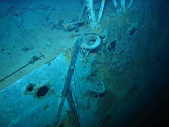 Close-up of shell hit on stb side of ship