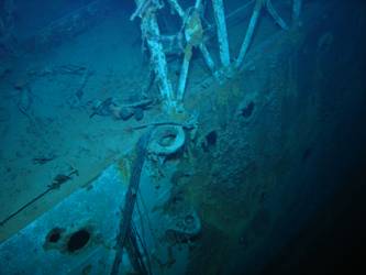 Close-up of shell hit on stb side of ship