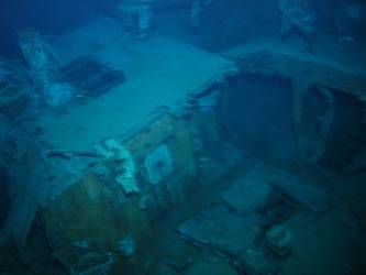 Looking down on blacksmith's workshop from stb side. Stump of foremast visible