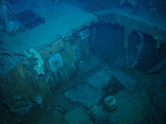 Looking down on blacksmith's workshop from stb side. Stump of foremast visible
