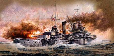 Painting depicting the final battle between Sydney and Kormoran.