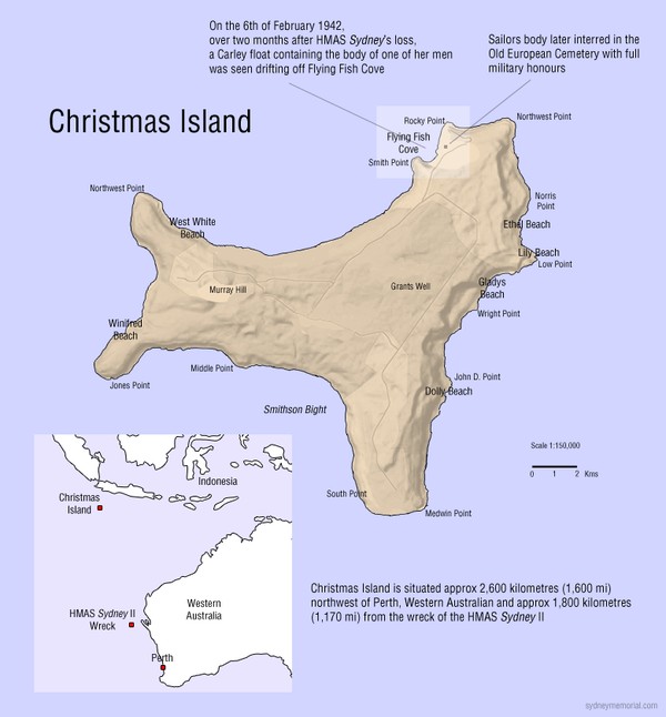 Map of Christmas Island with Carley Float and European Cemetery detailed