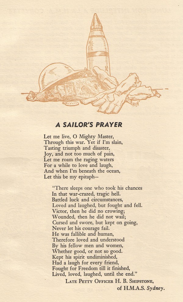 Scanned image of Poem ‘A Sailor’s Prayer’ by Late Petty Officer H.B. Shipstone, of HMAS Sydney (II)