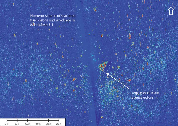 Swath sonar image with annotations