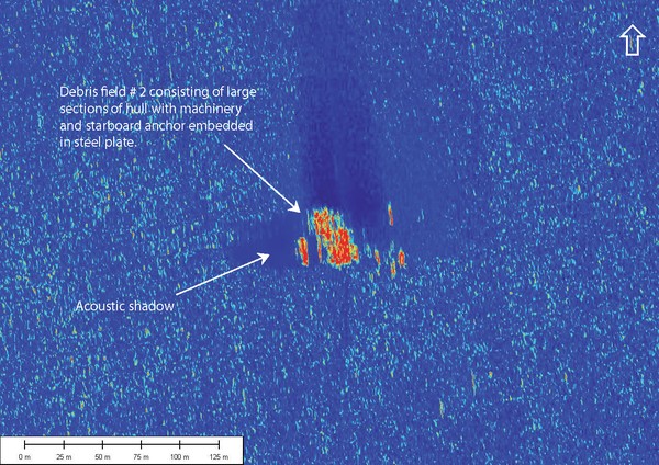 Swath sonar image with annotations