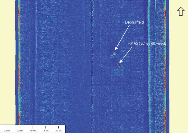 Swath sonar image with annotations