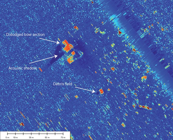 Swath sonar image with annotations