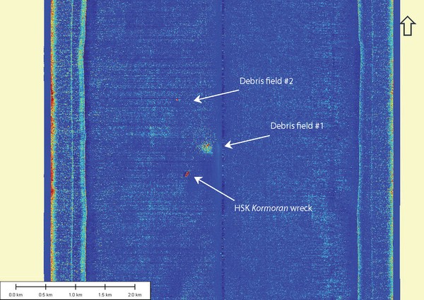 Swath sonar image with annotations